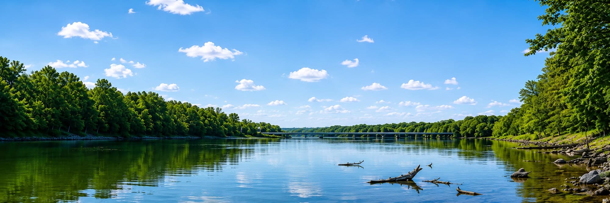 The bay on a clear summer day, looking down the water toward the bridge