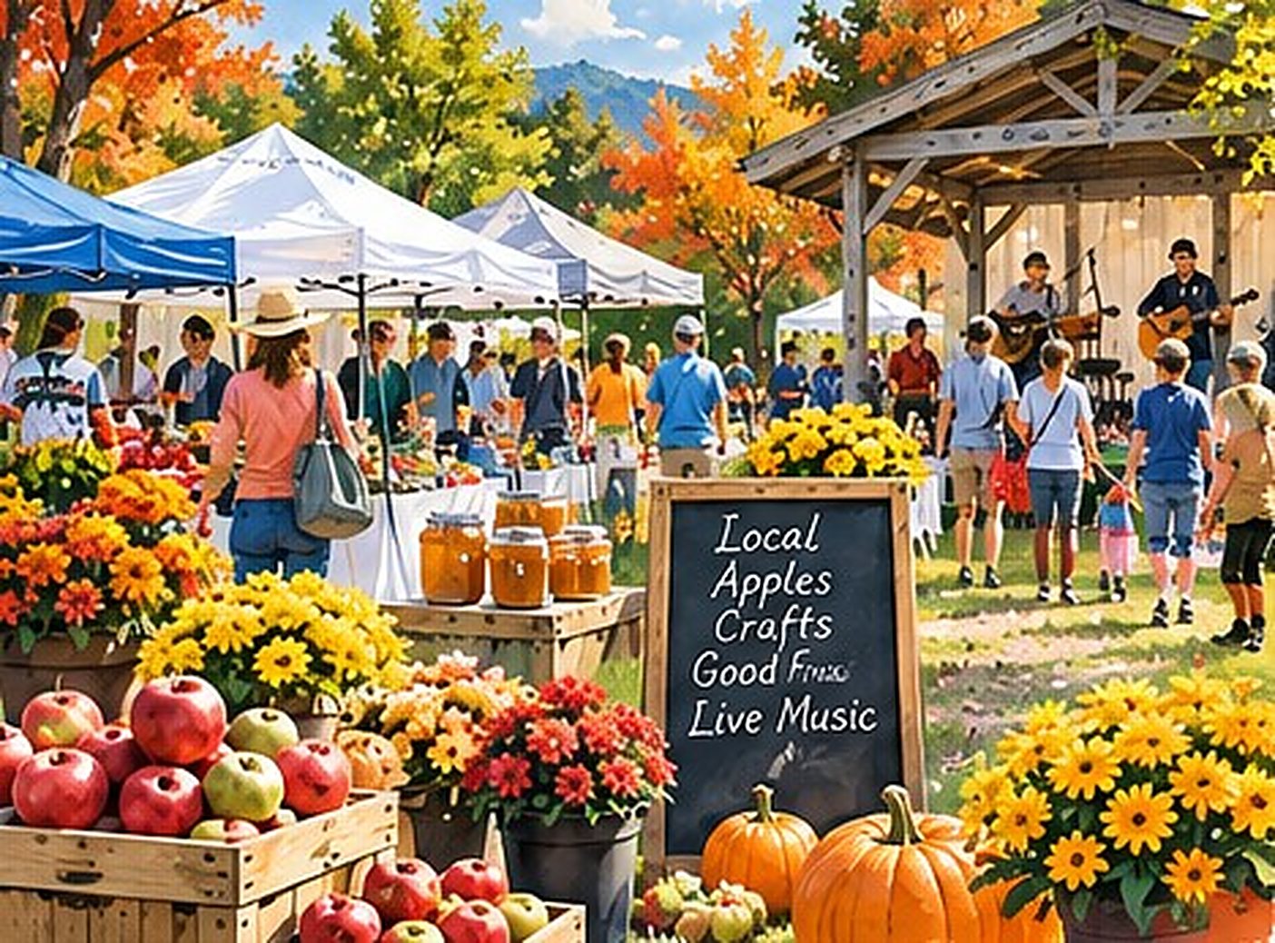 Watercolor of a fall festival market with apples, flowers, pumpkins and live music