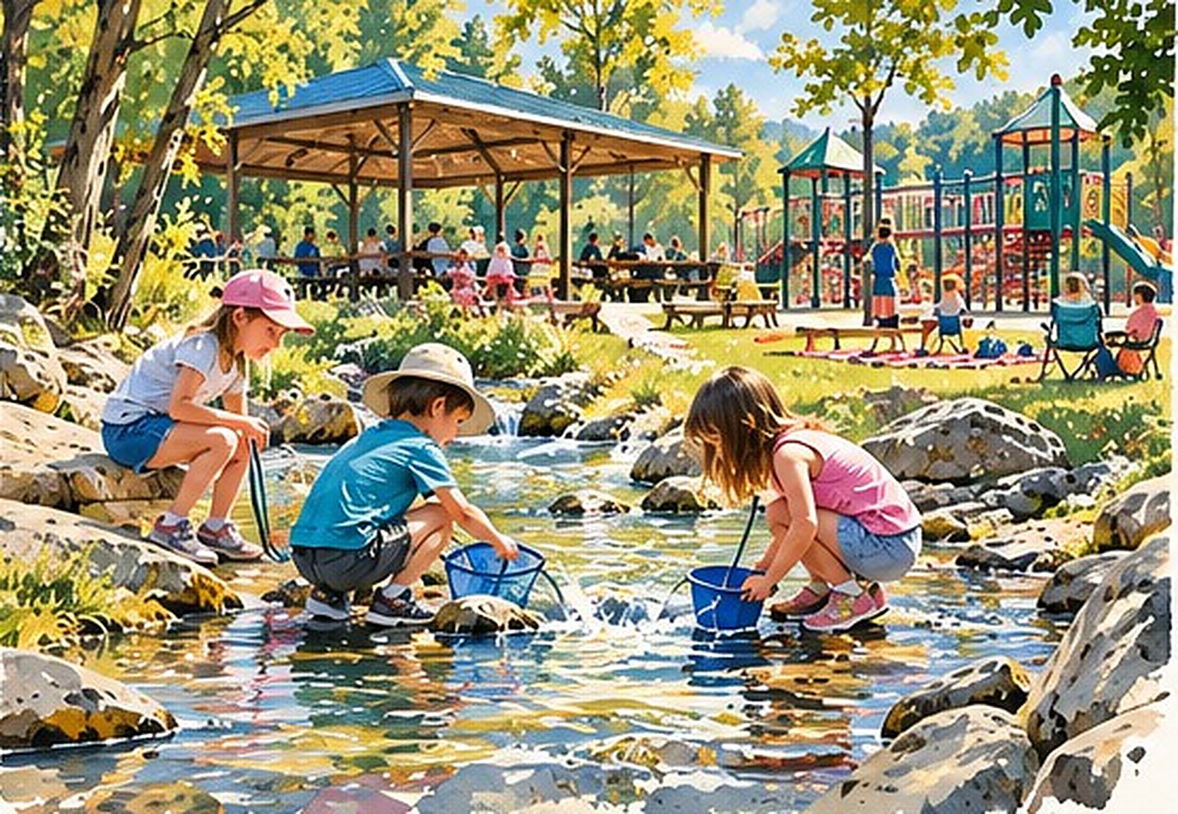 Watercolor of kids exploring a creek with nets beside a park pavilion