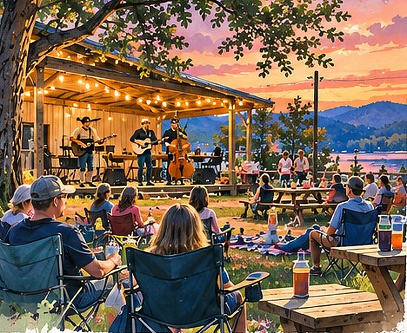 Watercolor of neighbors with lawn chairs listening to a band at dusk