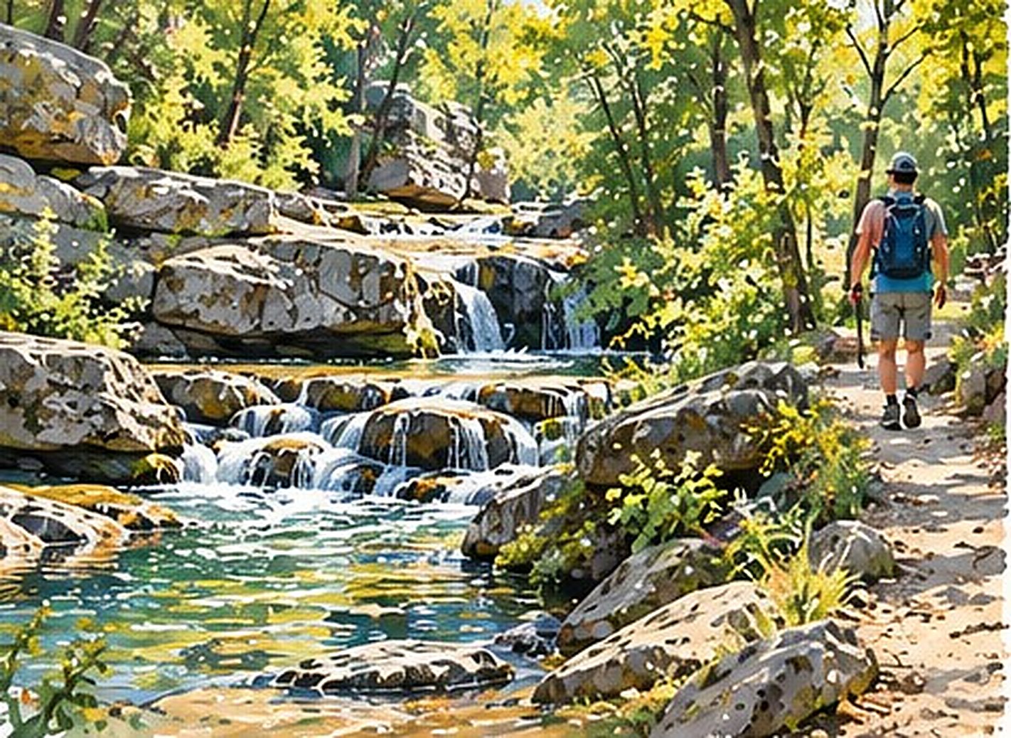 Watercolor of a creek waterfall with a hiker on a trail